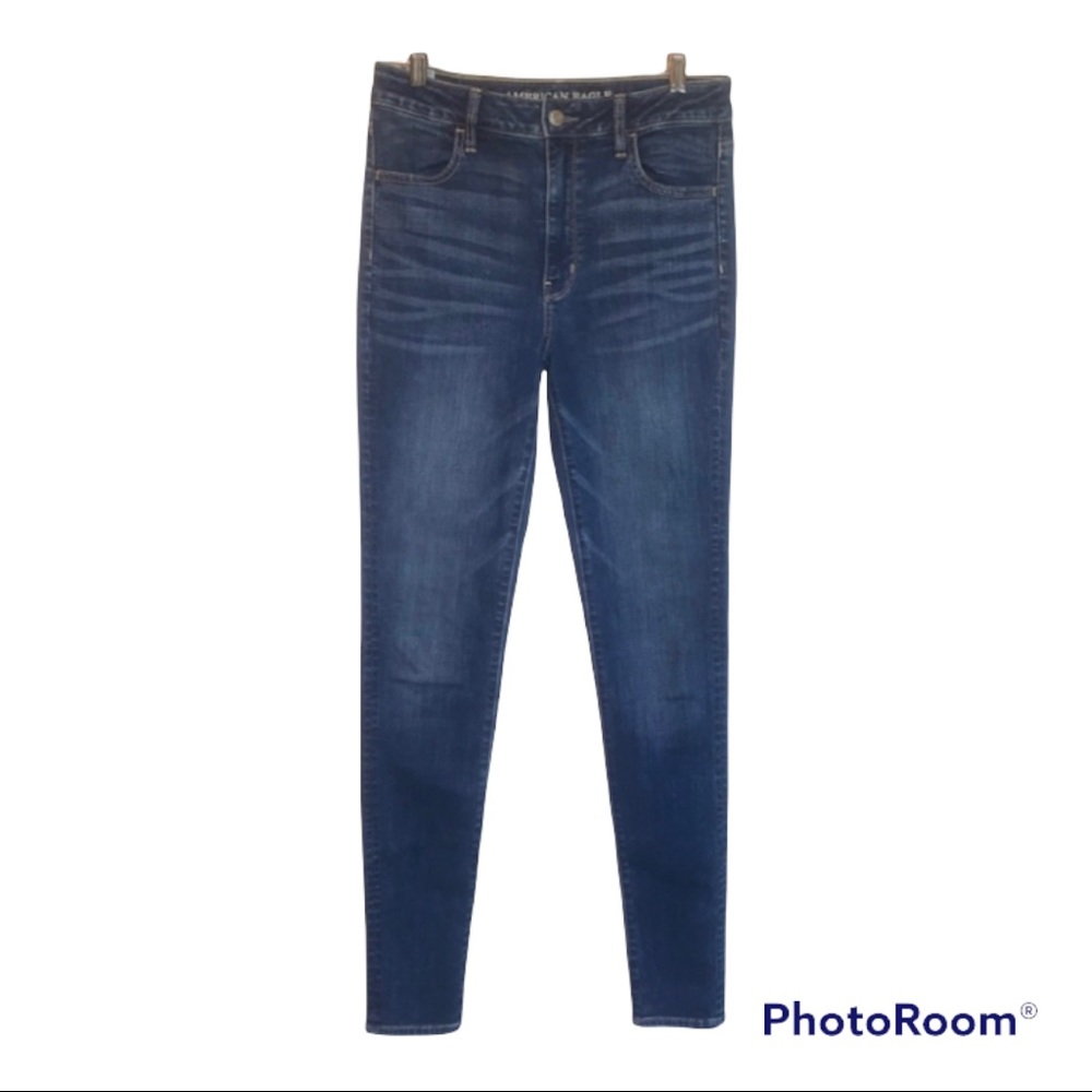 AEO SUPER STRETCH WOMENS SUPER HIGH RISE LEGGINGS JEANS BLUE DENIM 26 XLong